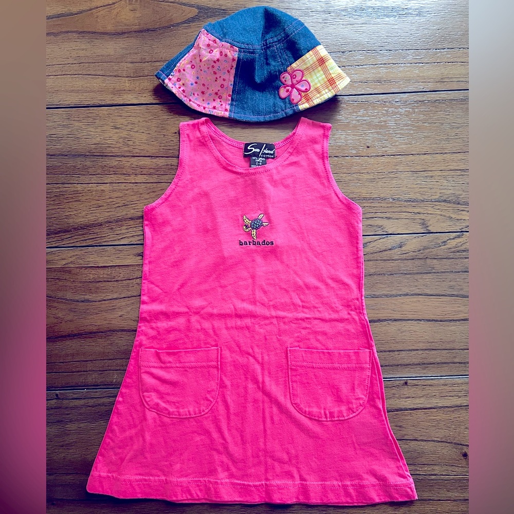 Sun Island pink sleeveless cotton dress and hat, 2-4 T